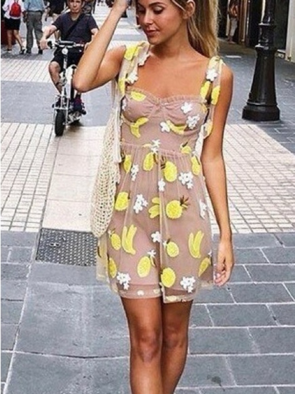 NWT Small Fruit Punch Pineapple Embroidered Yellow Tan Mini Dress